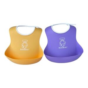 BABYBJÖRN Feeding Baby Bibs Purple Yellow Catch Pocket Set of 2 Baby Bjorn